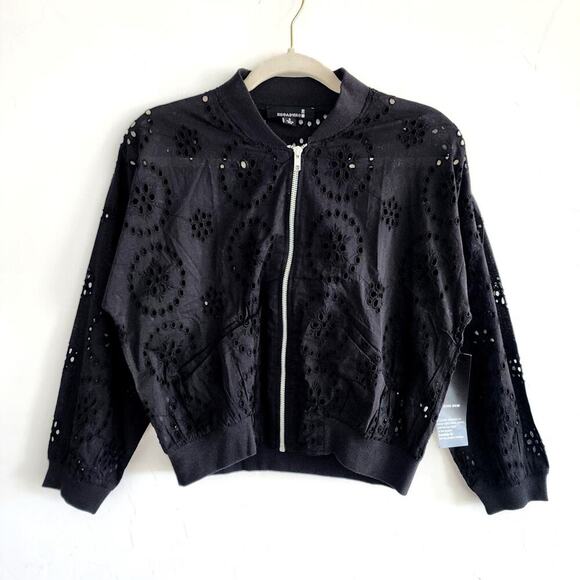 Broadway 38 Black Cotton Floral Pointelle Knit Jacket Size Small - Picture 3 of 8